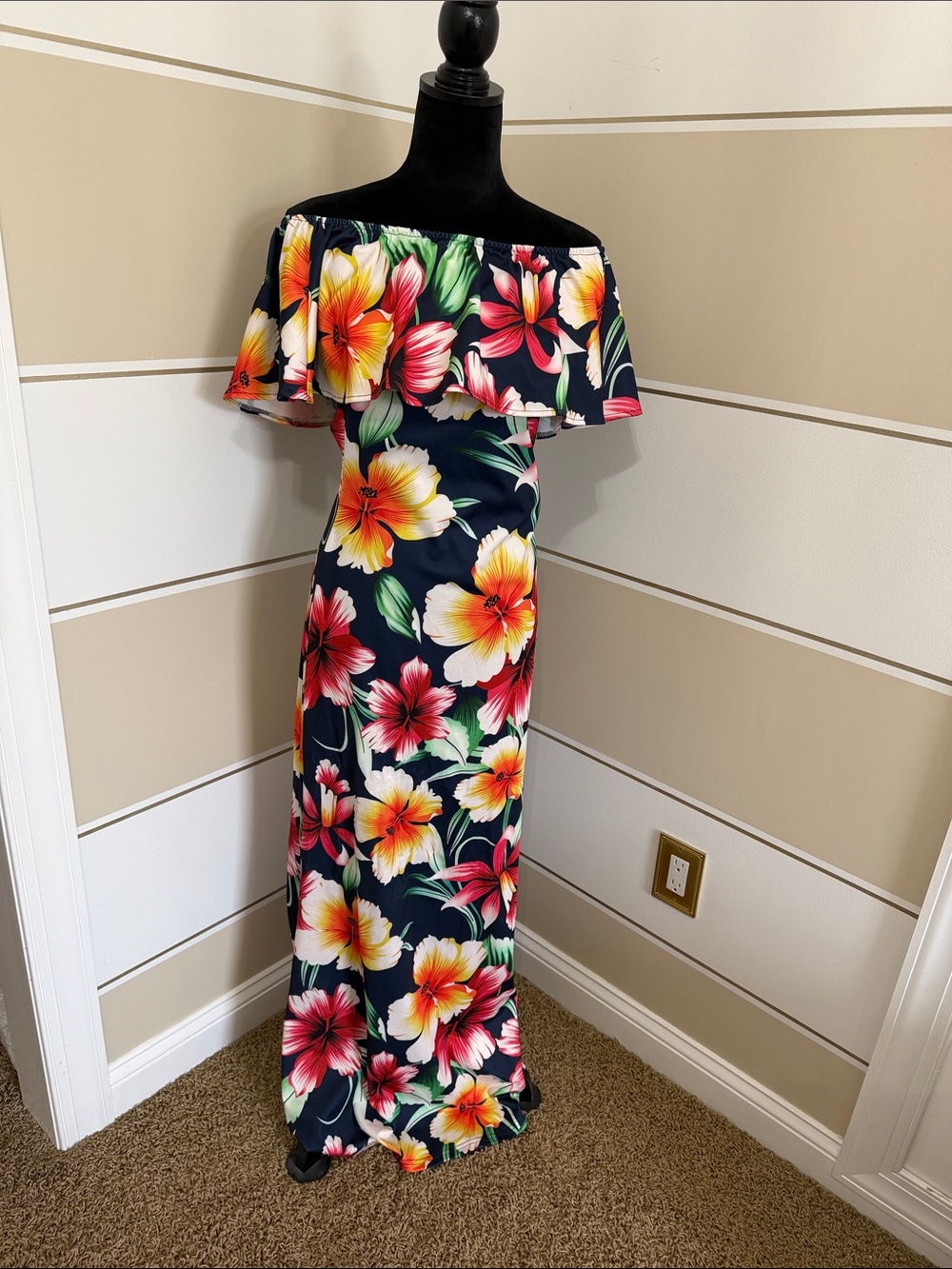 Amazon Navy One-Shoulder Floral Maxi Dress with Yellow & Pink Blooms